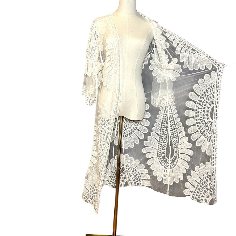 Keren Hart White Mesh Lace Maxi Cardigan Duster Tie XL Whimsigoth Fairy Boho